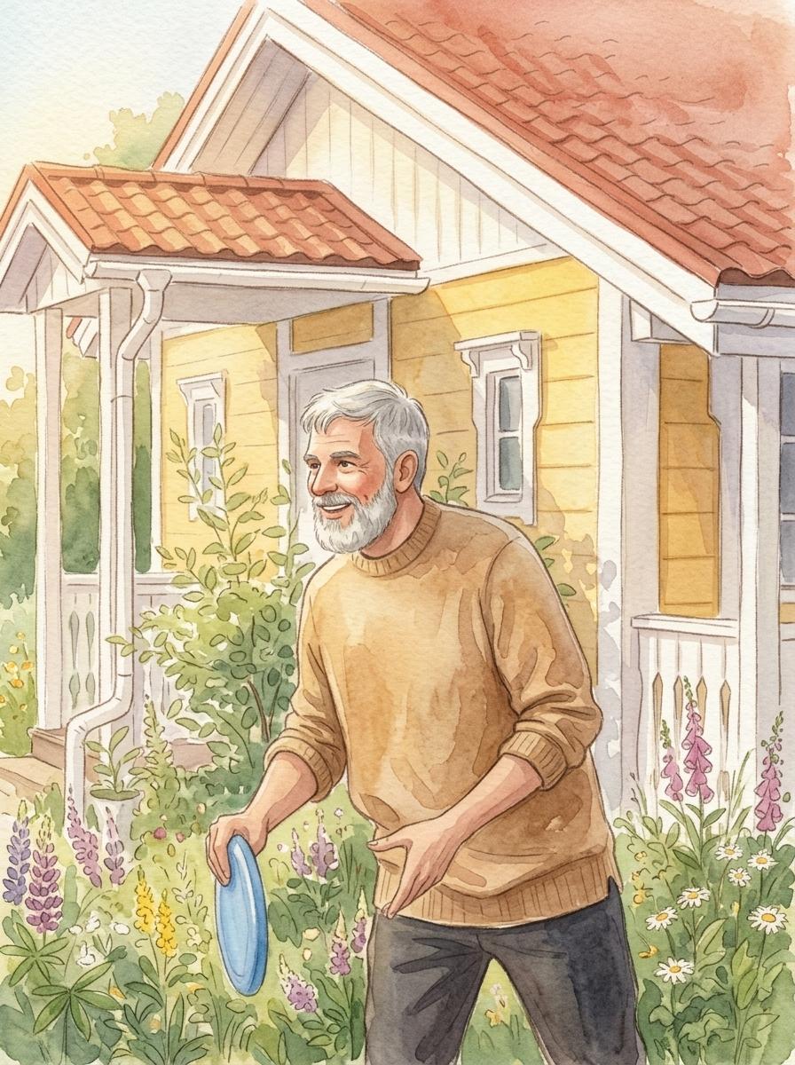An illustration of a grandad playing frisbee in the garden